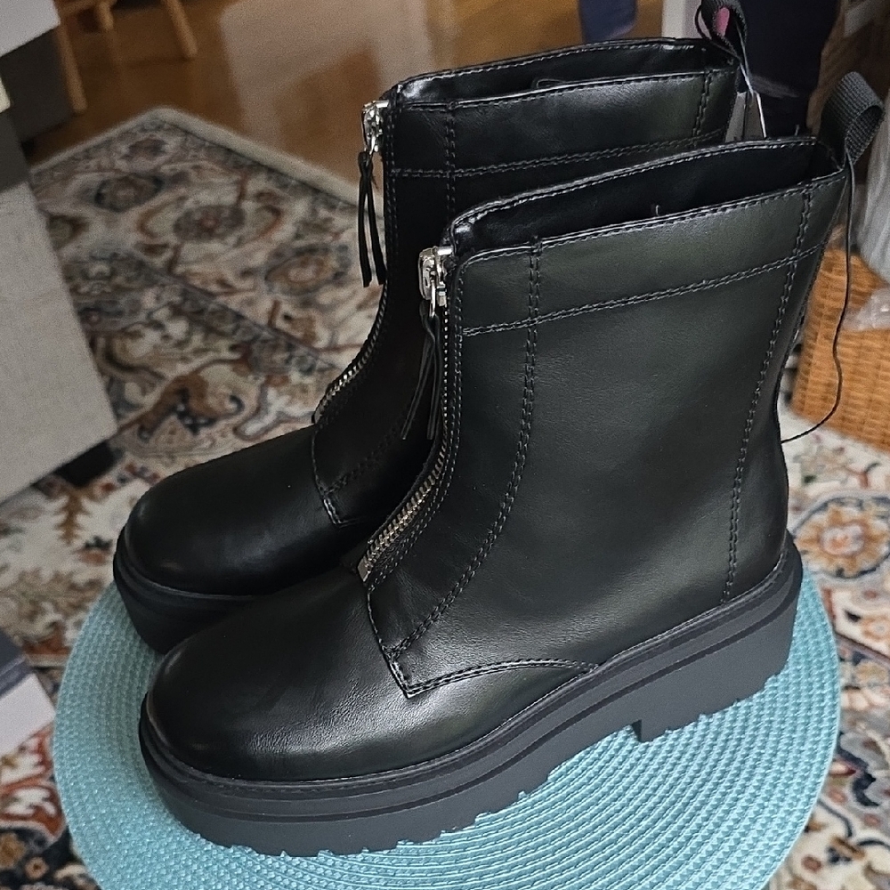 ARIZONA JEAN CO BRAND WOMEN'S BLACK FUNKY CHUNKY HEELED SHORT MOTO BOOTS SIZE 10